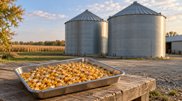 A tray of corn kernels with some chaff in front of metal grain storage bins.