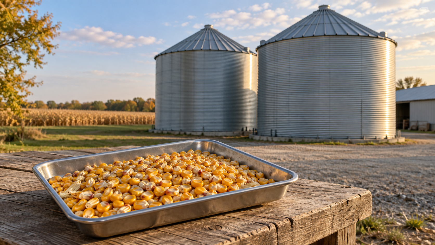 A tray of corn kernels with some chaff in front of metal grain storage bins.