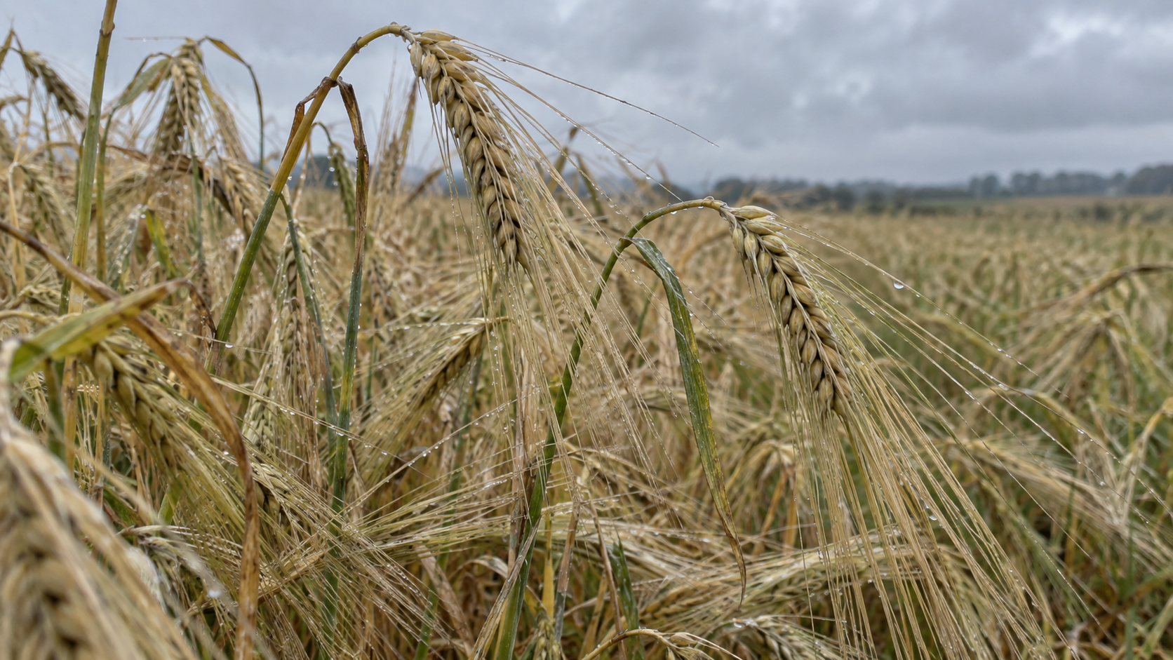 Drooping ripe barley heads with long awns and rain droplets in a field under an overcast sky.
