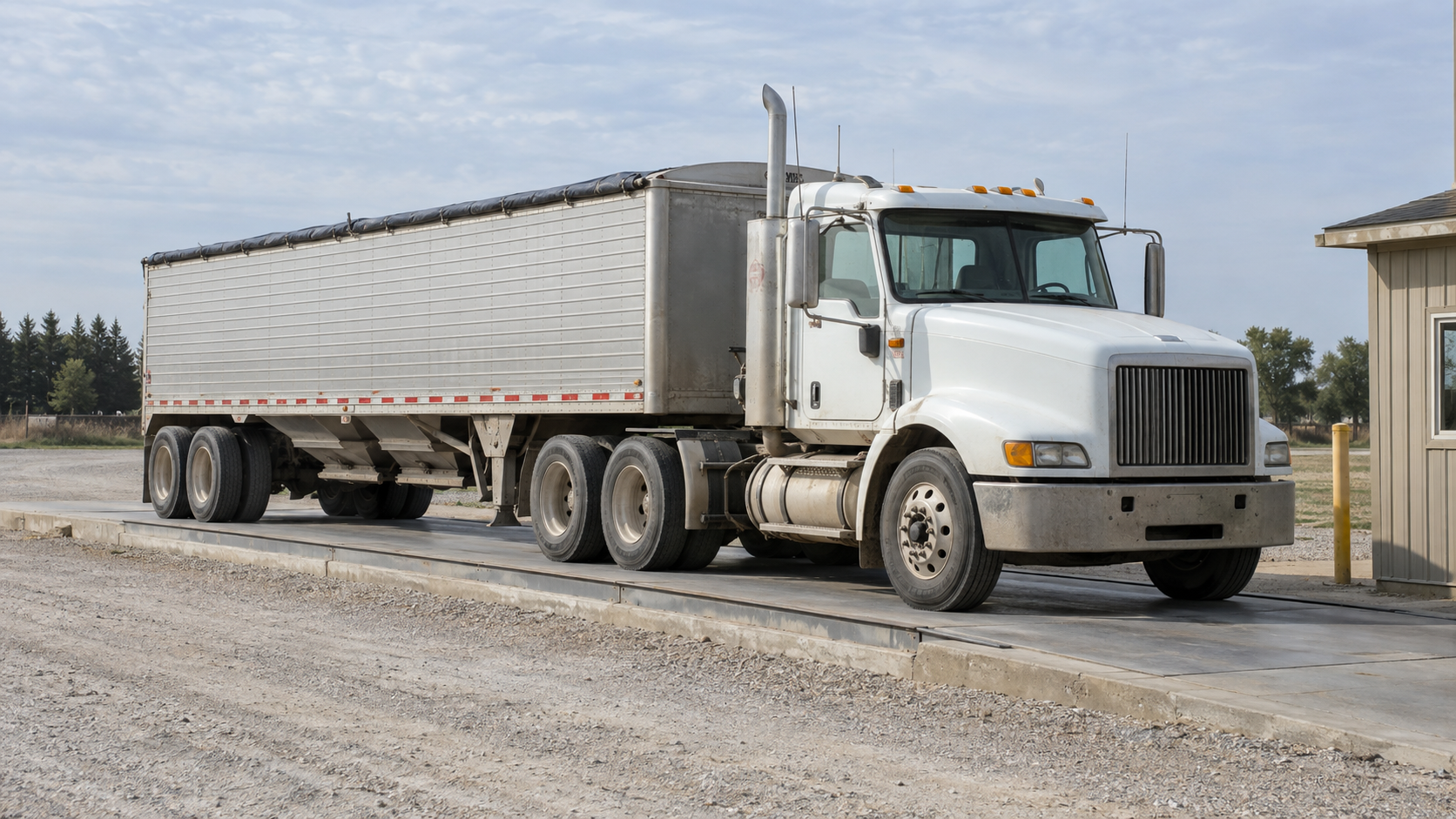 A white semi truck with a silver hopper-bottom grain trailer on a truck scale beside a weighing office.