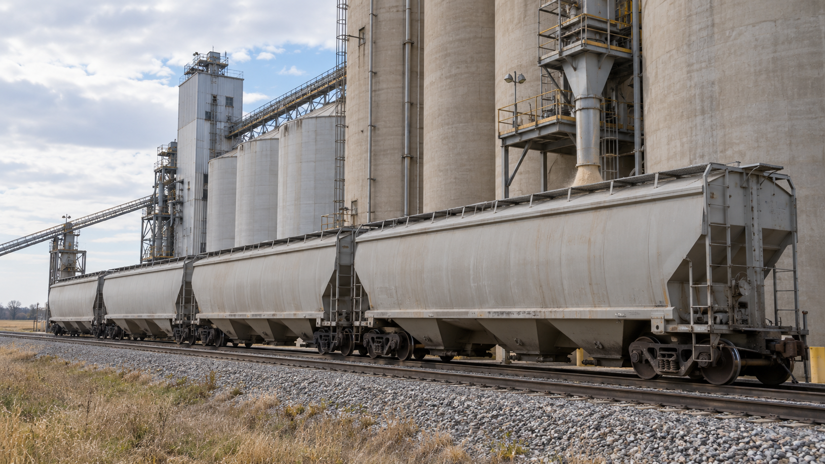 Illustration of covered grain hopper railcars beside a concrete grain elevator.
