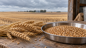 Wheat ears and a tray of wheat kernels beside a harvested field under cloudy skies.