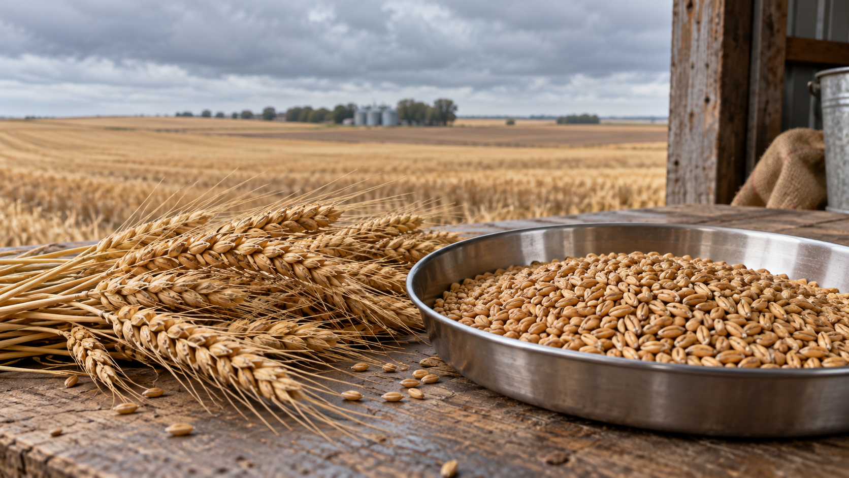 Wheat ears and a tray of wheat kernels beside a harvested field under cloudy skies.