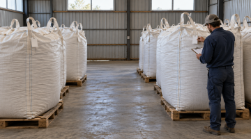 Illustration of a warehouse worker checking a lot tag beside separate groups of bulk bags.