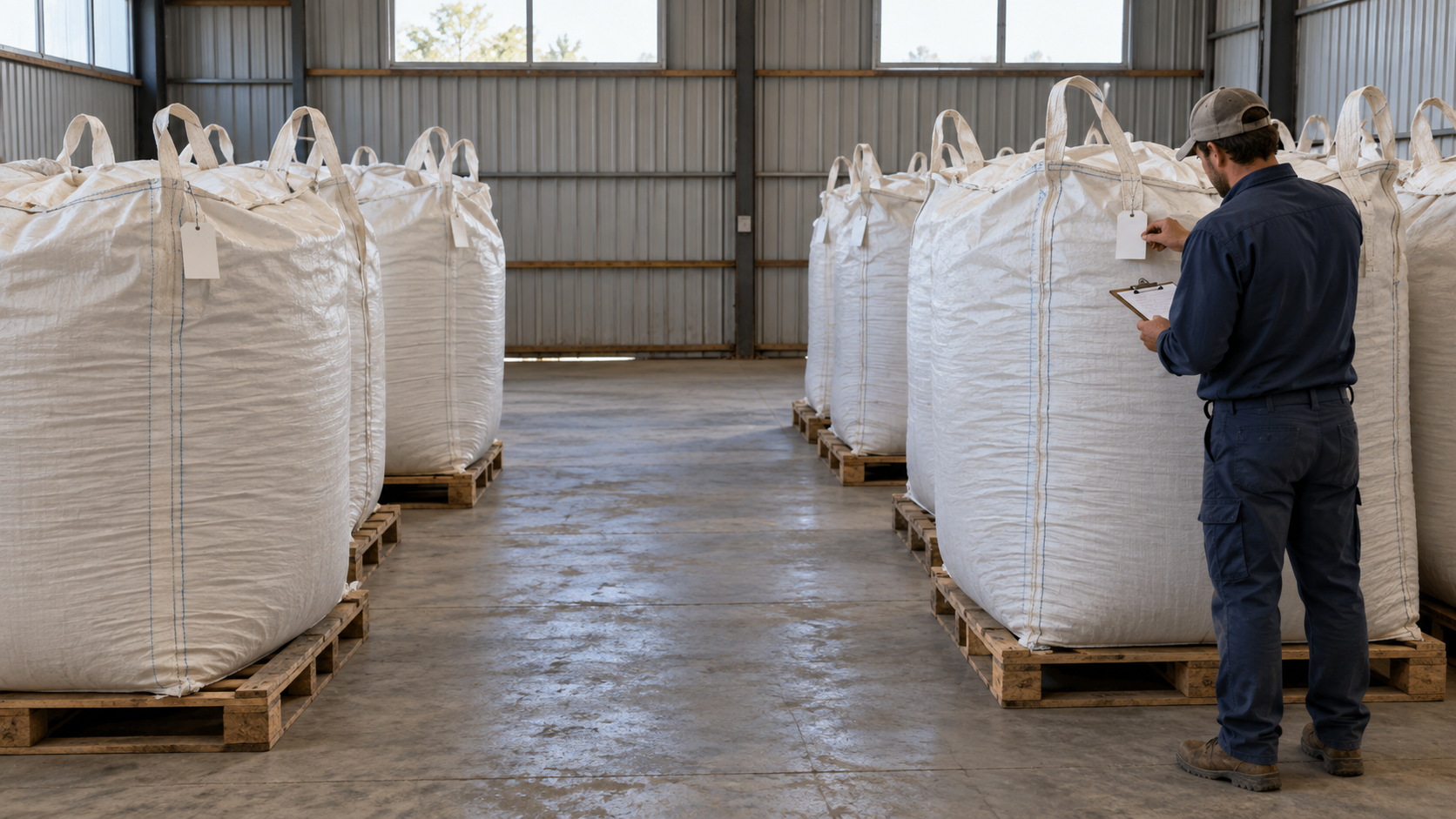 Illustration of a warehouse worker checking a lot tag beside separate groups of bulk bags.