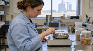 Illustration of a laboratory technician preparing a wheat sample at a bench.