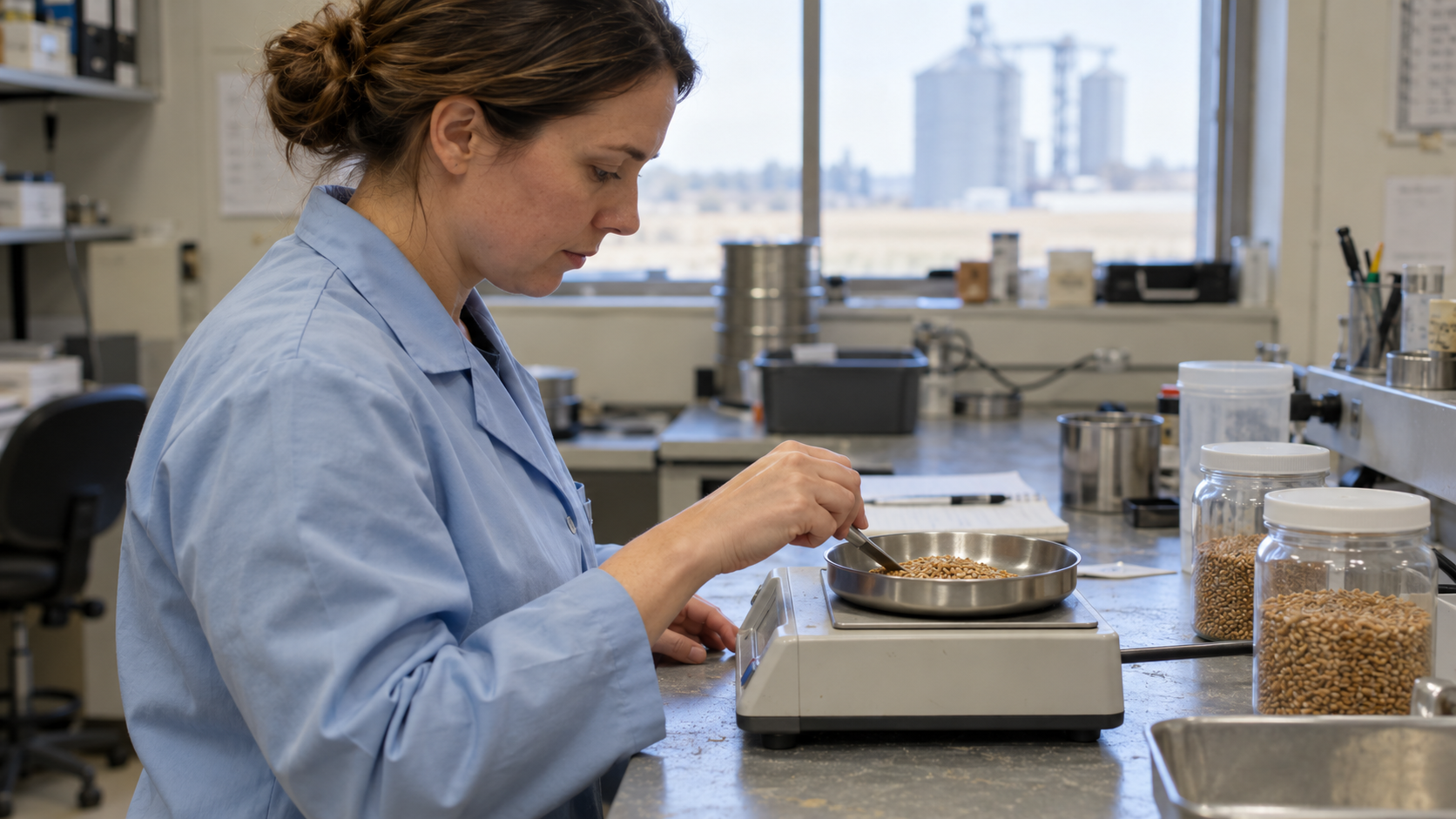 Illustration of a laboratory technician preparing a wheat sample at a bench.