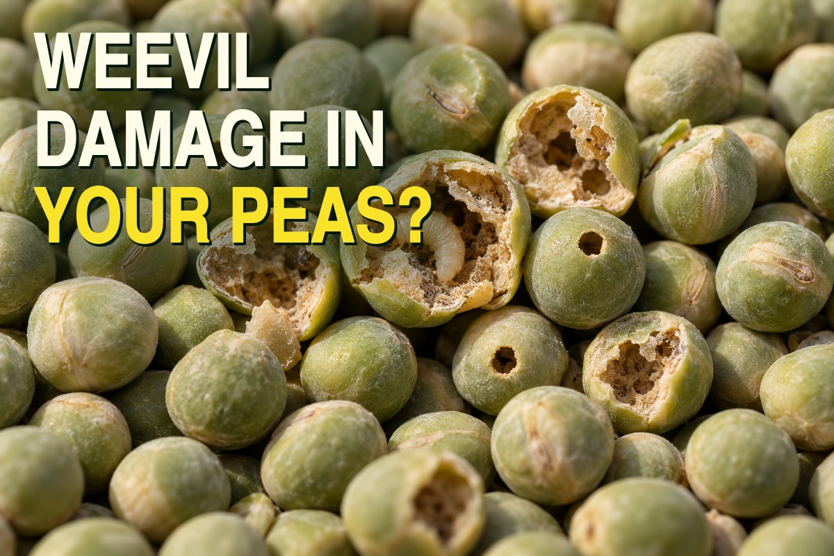 AI-generated illustration showing a tight photographic-style close-up of dry green field peas, with round exit holes, broken-open hollowed seeds, and a small cream-colored larva inside one opened pea, mixed with intact peas.