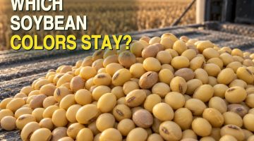 AI-generated photorealistic illustration of intact pale-yellow and tan soybeans piled on a weathered pickup tailgate, with a harvested field blurred behind them.