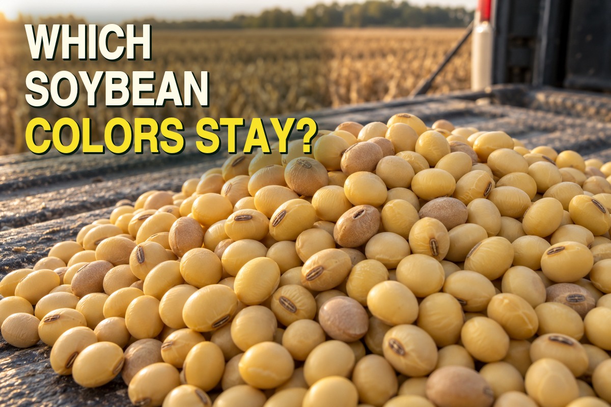 AI-generated illustration of two people discussing a sample of yellow soybeans across a grain-buying counter, representing a buyer’s acceptance decision.