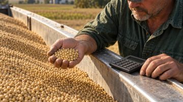 AI-generated illustration of a soybean load in a grain trailer with a hand holding an unmarked settlement slip beside the grain, suggesting a decision about cleaning before sale.