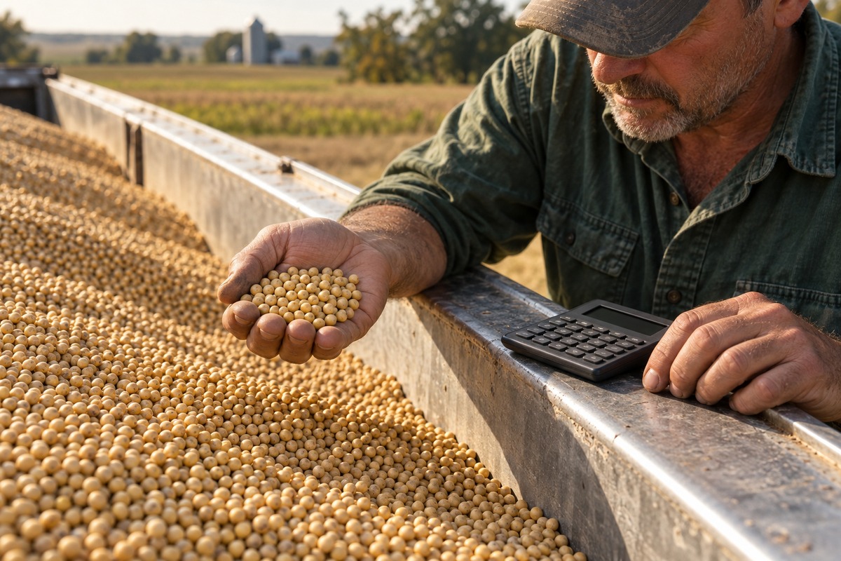AI-generated illustration of a soybean load in a grain trailer with a hand holding an unmarked settlement slip beside the grain, suggesting a decision about cleaning before sale.