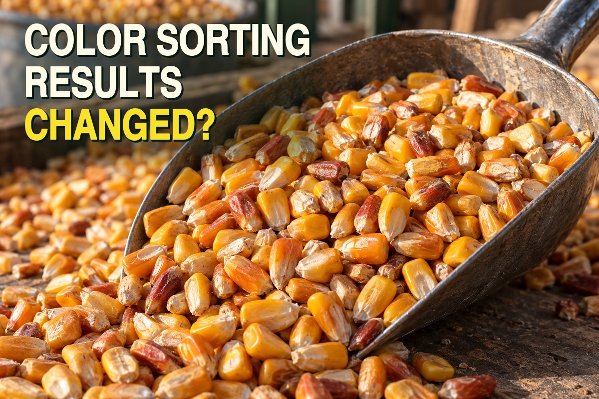 Illustration of an open sample jar and spilled soybeans with varied seed-coat colors on a grain-handling bench, suggesting a color-sorting question rather than an actual test result.
