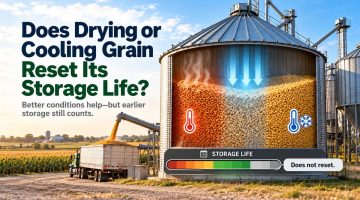 Cutaway view of a grain storage bin showing warm, moist grain on one side and cooler, drier grain on the other, with airflow arrows illustrating cooling. A storage-life indicator highlights that drying and cooling slow grain deterioration but do not reset the storage life already used. A grain truck and farm silos appear in the background.