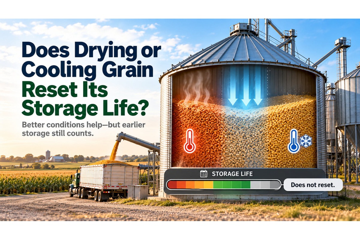 Cutaway view of a grain storage bin showing warm, moist grain on one side and cooler, drier grain on the other, with airflow arrows illustrating cooling. A storage-life indicator highlights that drying and cooling slow grain deterioration but do not reset the storage life already used. A grain truck and farm silos appear in the background.