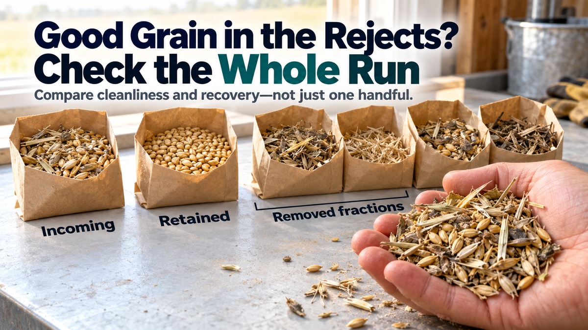 Conceptual illustration of barley samples labeled incoming, retained and removed fractions, showing why kernels in rejects must be judged alongside the whole cleaning run.