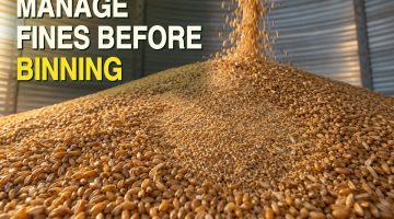 AI-generated photorealistic illustration of wheat falling onto a mound inside a grain bin, with a subtle concentration of finer grain material near the mound’s center.