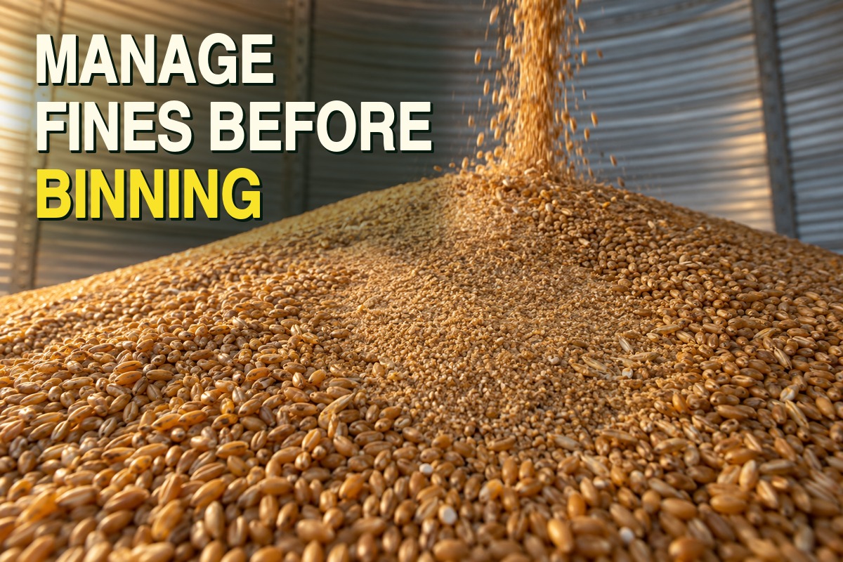 AI-generated illustration of whole wheat kernels mixed with small broken-kernel fragments and fines in a grain load, with a storage bin behind it, representing fines management before bin filling.