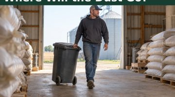 AI-generated illustration of a farmer wearing a baseball cap rolling a closed, unmarked waste bin through a grain-storage shed toward an open doorway, with grain sacks on pallets nearby.
