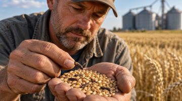 AI-generated illustrative image of a farmer in a baseball cap inspecting wheat with dark elongated fragments. Not a photograph of a customer or a Metra test.