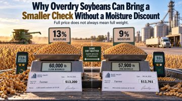 Comparison of soybeans at 13% and 9% moisture on weighing scales, illustrating how overdrying reduces saleable grain weight and farmer revenue even without a moisture discount. Soybean fields, a combine harvester, and grain storage elevators appear in the background.
