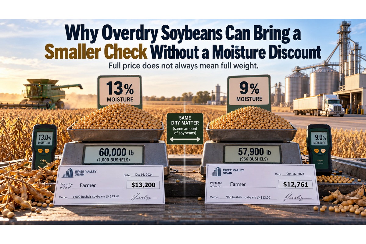 Comparison of soybeans at 13% and 9% moisture on weighing scales, illustrating how overdrying reduces saleable grain weight and farmer revenue even without a moisture discount. Soybean fields, a combine harvester, and grain storage elevators appear in the background.
