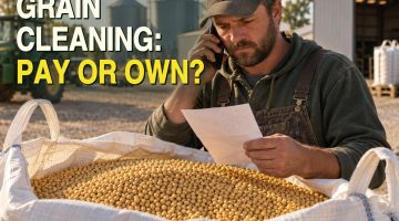 AI-generated illustration of a farmer in a baseball cap talking on a phone and reviewing paperwork beside an open bulk bag filled with yellow soybeans.