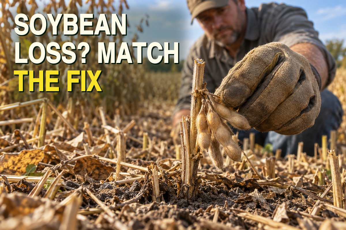 AI-generated illustration of dry soybean pods remaining below the cut on soybean stubble, with loose yellow soybeans on the soil and mature soybean rows behind.