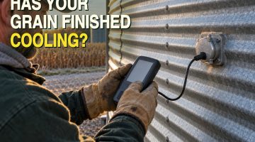 AI-generated illustration of a farmer in a baseball cap checking a handheld reader from ground level beside a grain bin on a crisp fall morning, representing stored-grain cooling checks.