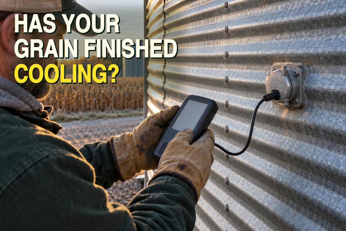 AI-generated illustration of a farmer in a baseball cap checking a handheld reader from ground level beside a grain bin on a crisp fall morning, representing stored-grain cooling checks.